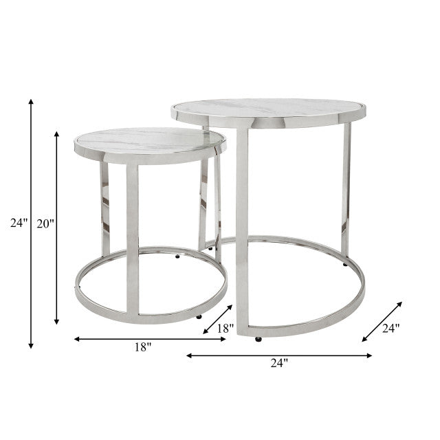 SB-123 S/2 METAL/MARBLE GLASS ROUND SIDE TABLE, SILVER