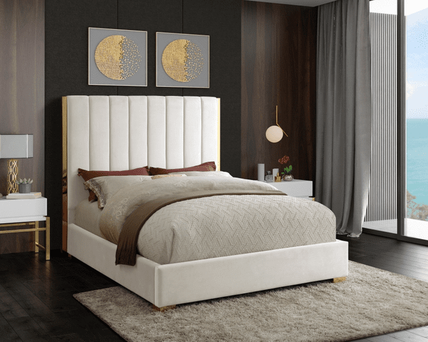 BECCA VELVET KING/QUEEN/FULL SIZE BED WITH GOLD FRAME - CREAM
