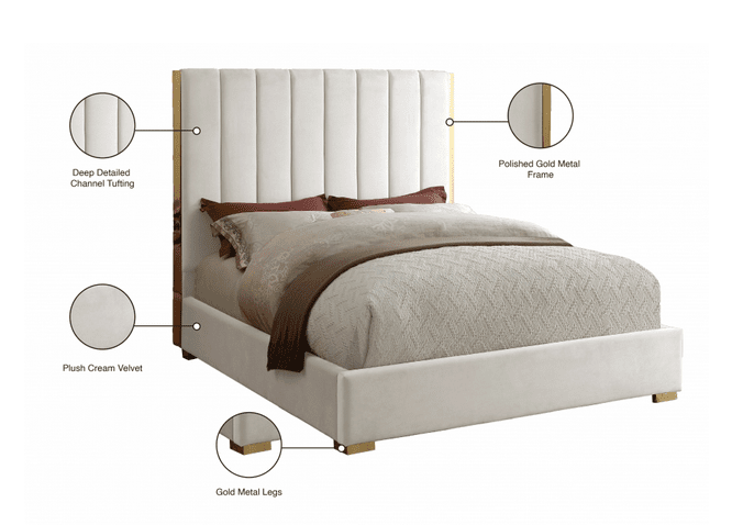 BECCA VELVET KING/QUEEN/FULL SIZE BED WITH GOLD FRAME - CREAM