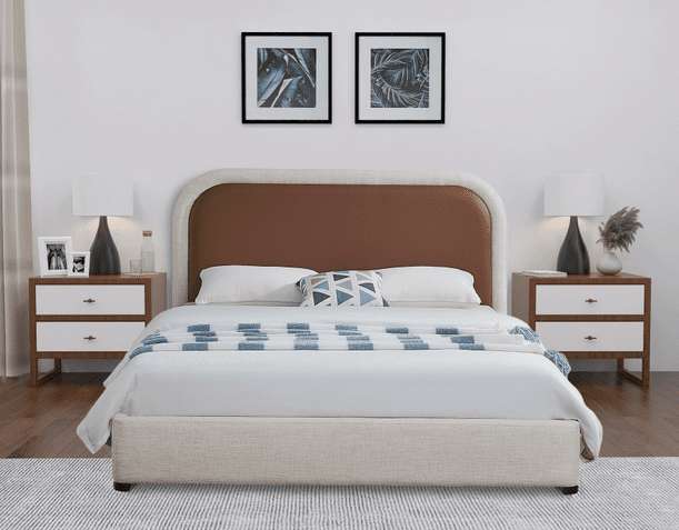 BLAKE LEATHER & LINEN KING/QUEEN/FULL/TWIN SIZE PLATFORM BED - BROWN