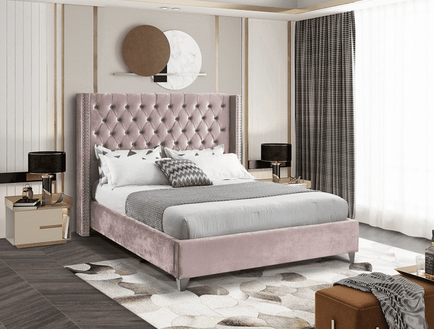 AIDEN VELVET KING/QUEEN/FULL/TWIN SIZE PLATFORM BED - CREAM