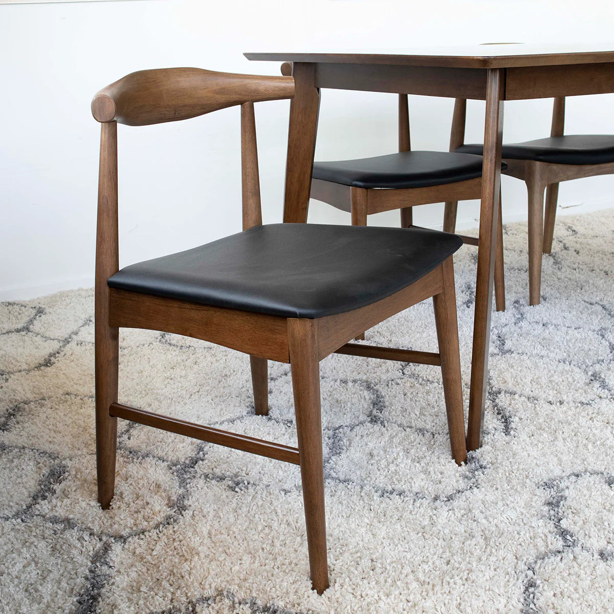 CARLOS DINING SET LARGE WALNUT DINING SET WITH 4 DAMIAN BLACK LEATHER CHAIRS