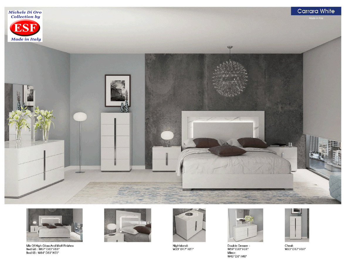 CARRARA WHITE KING/QUEEN MODERN BED WITH LIGHT