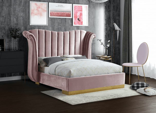 FLORA VELVET KING/QUEEN SIZE PLATFORM BED - WHITE