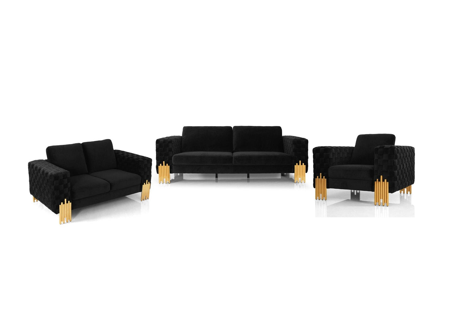DIVANI CASA GEORGIA- MODERN VELVET GLAM BLACK + GOLD 3 PCS LIVING ROOM SET