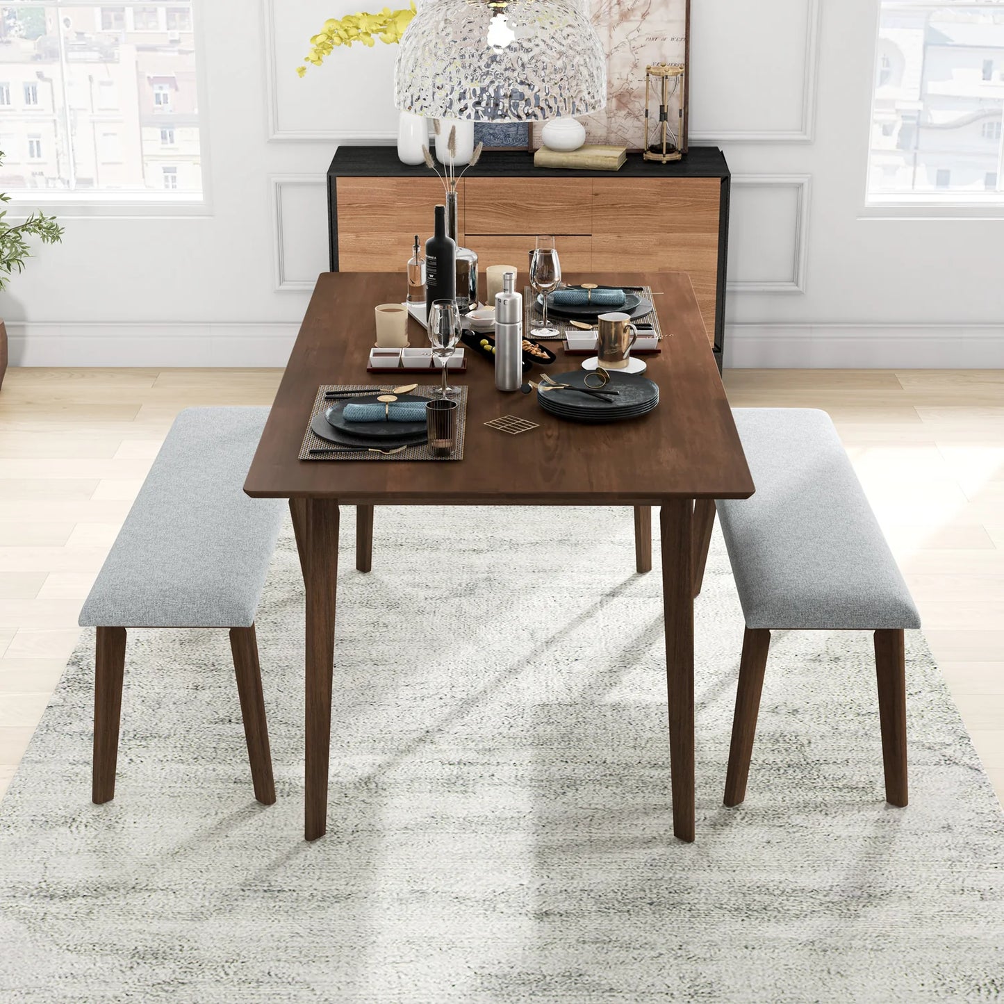 CARLOS DINING SET WITH 2 GRAY CARLOS BENCHES LARGE - VIG