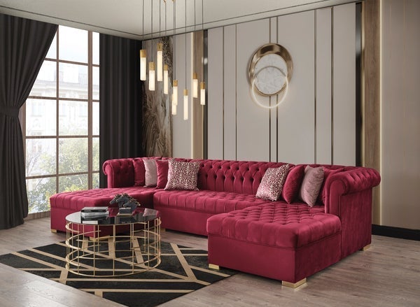 LAUREN - VELVET DOUBLE CHAISE SECTIONAL LIVING ROOM SET - RED MAROON