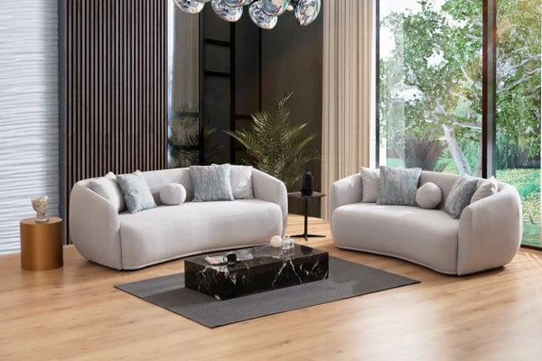 LAYLA IVORY BOUCLE SOFA & LOVESEAT VELVET LIVING ROOM SET