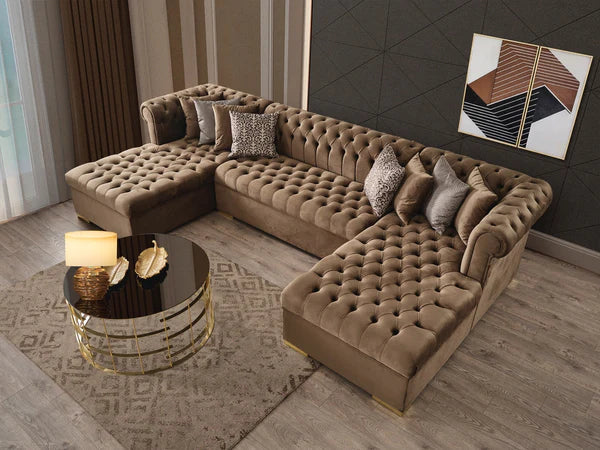 LAUREN - VELVET DOUBLE CHAISE SECTIONAL LIVING ROOM SET - MOCHA