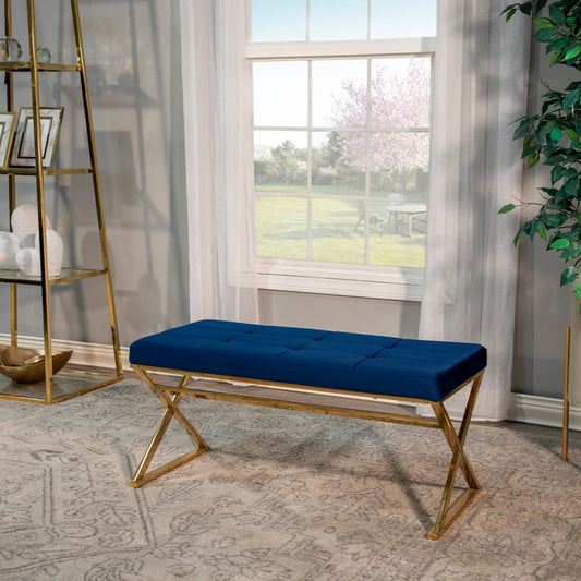 SB-126 BLUE/GOLD VELVETEEN BENCH, X LEGS, KD