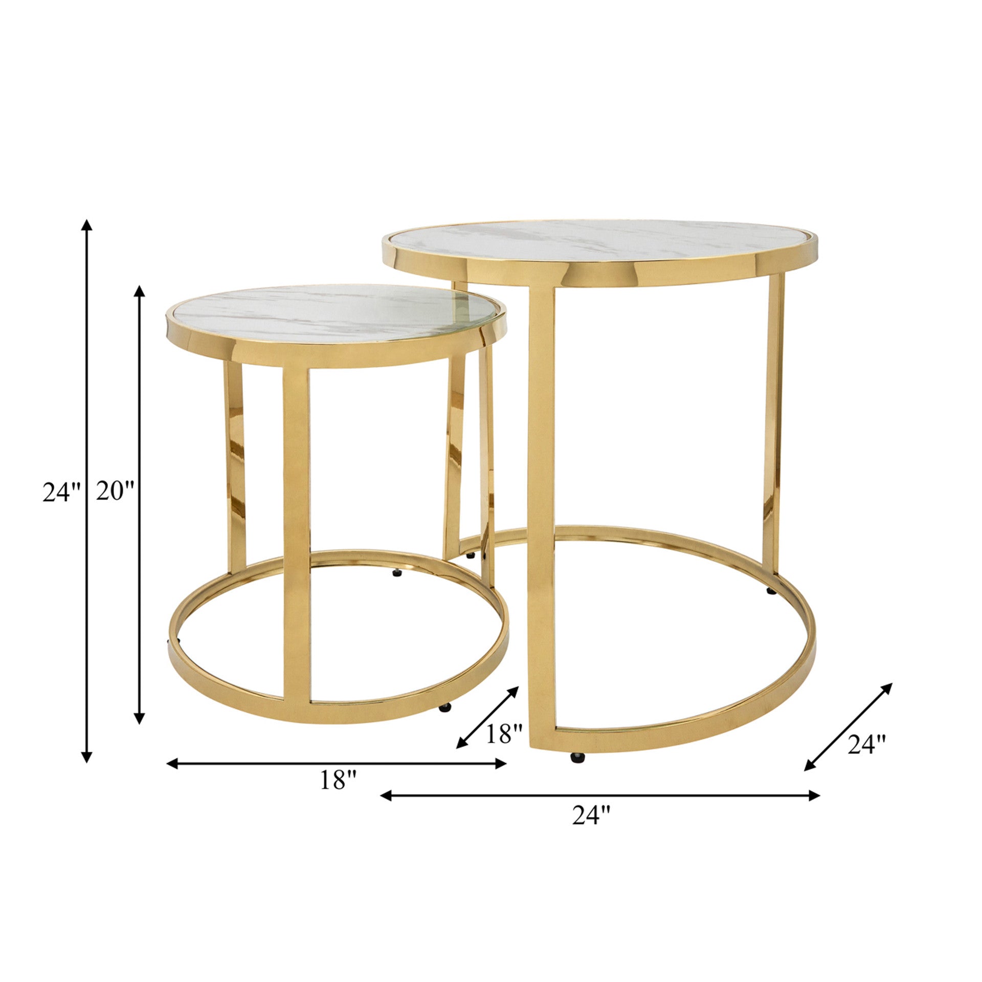 S/2 METAL/MARBLE GLASS ROUND SIDE TABLE, GOLD