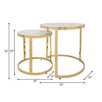 S/2 METAL/MARBLE GLASS ROUND SIDE TABLE, GOLD