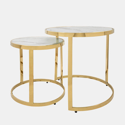 S/2 METAL/MARBLE GLASS ROUND SIDE TABLE, GOLD