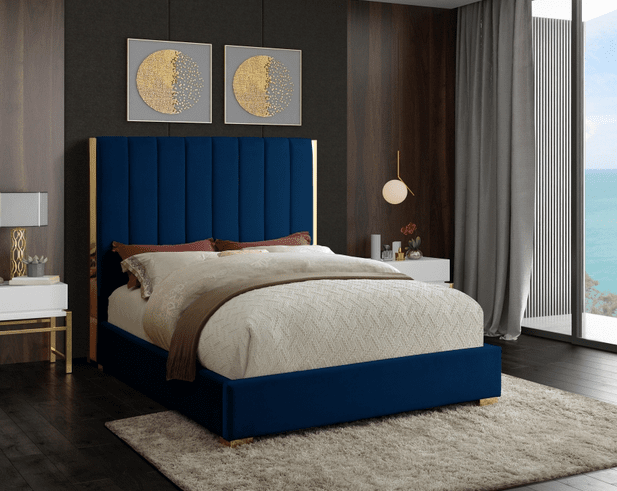 BECCA VELVET KING/QUEEN/FULL SIZE BED WITH GOLD FRAME - GREY