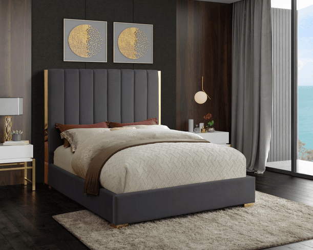 BECCA VELVET KING/QUEEN/FULL SIZE BED WITH GOLD FRAME - GREY