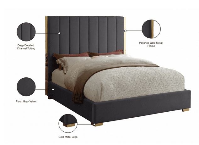 BECCA VELVET KING/QUEEN/FULL SIZE BED WITH GOLD FRAME - GREY