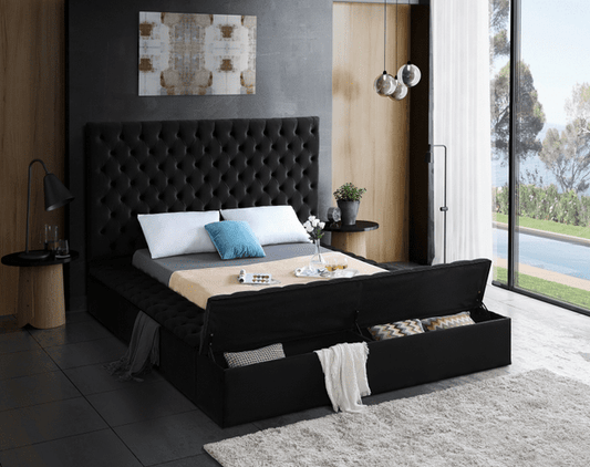 BLISS VELVET KING/QUEEN/FULL/TWIN SIZE STORAGE PLATFORM BED - BLACK