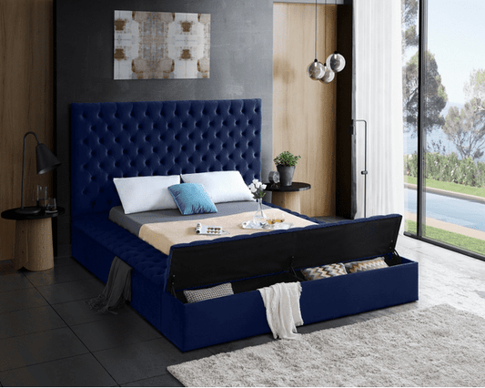 BLISS VELVET KING/QUEEN/FULL/TWIN SIZE STORAGE PLATFORM BED - BLUE