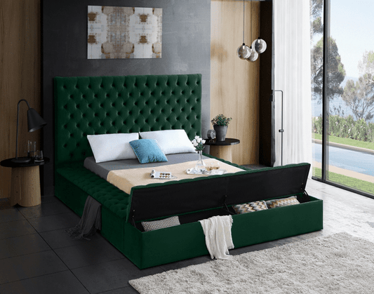 BLISS VELVET KING/QUEEN/FULL/TWIN SIZE STORAGE PLATFORM BED - GREEN