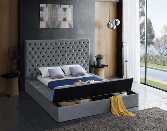 BLISS VELVET KING/QUEEN/FULL/TWIN SIZE STORAGE PLATFORM BED - GREY