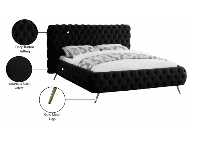 DELANO VELVET KING/QUEEN SIZE PLATFORM BED - BLACK