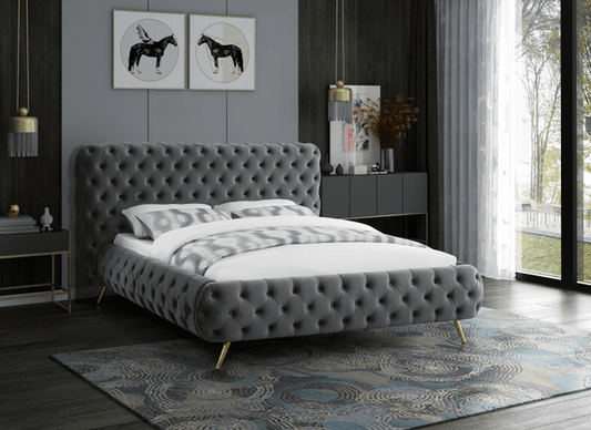 DELANO VELVET KING/QUEEN SIZE PLATFORM BED - GREY