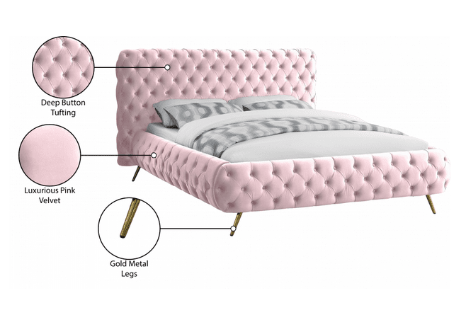 DELANO VELVET KING/QUEEN SIZE PLATFORM BED - PINK