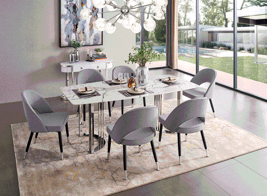 131 MARBLE-TOP TABLE + 6 CHAIRS DINING SET - SILVER