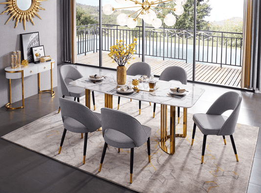 131 MARBLE-TOP TABLE + 6 CHAIRS DINING SET - GOLD