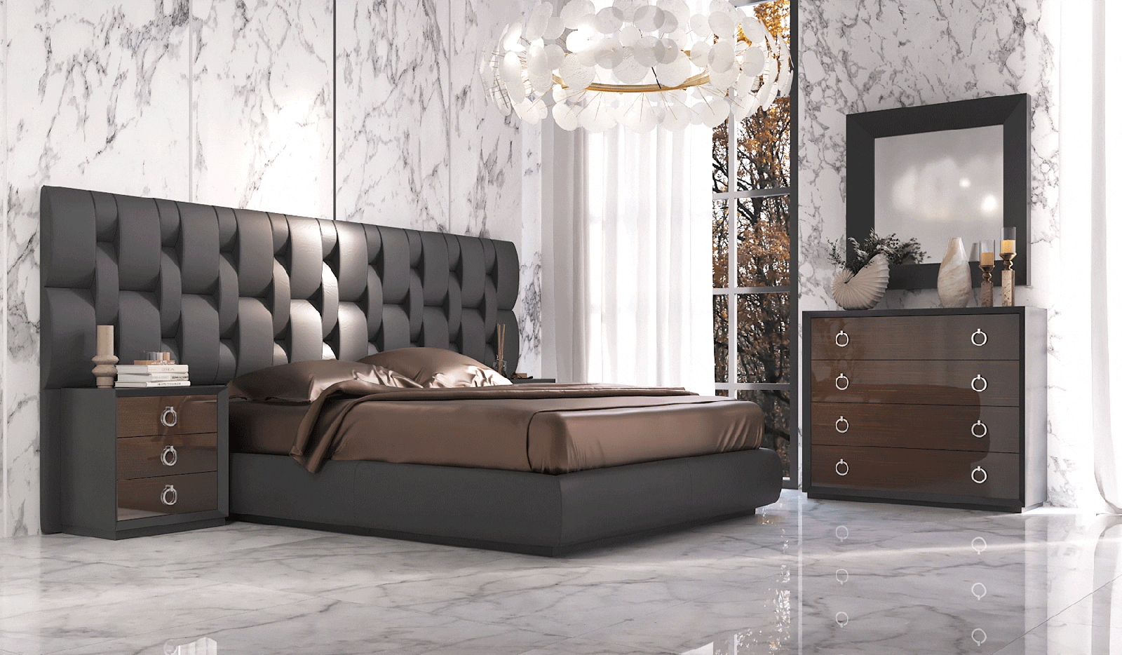 EMPORIO BLACK 5PCS KING/QUEEN MODERN LEATHER BEDROOM SET