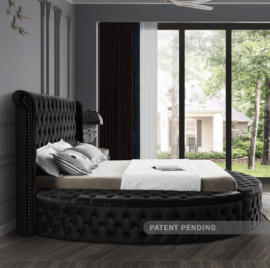 LUXUS VELVET KING/QUEEN/FULL/TWIN SIZE ROUND STORAGE BED - BLACK