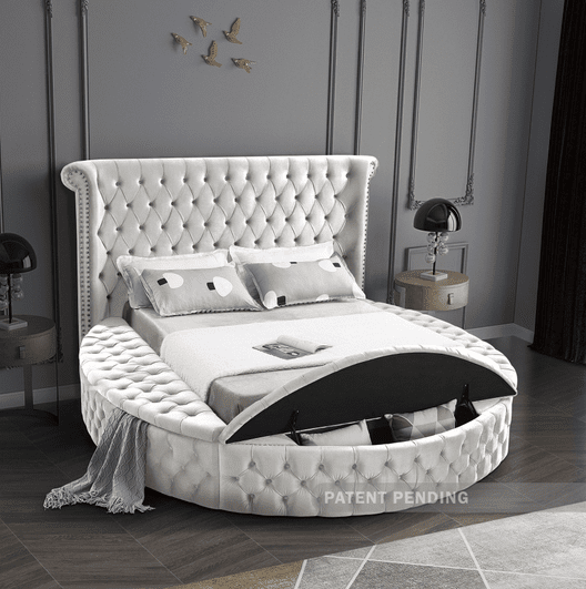 LUXUS VELVET KING/QUEEN/FULL/TWIN SIZE ROUND STORAGE BED - CREAM