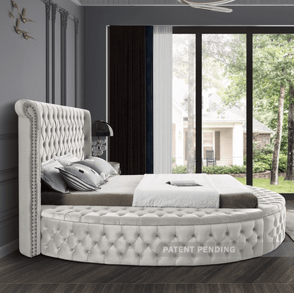 LUXUS VELVET KING/QUEEN/FULL/TWIN SIZE ROUND STORAGE BED - CREAM