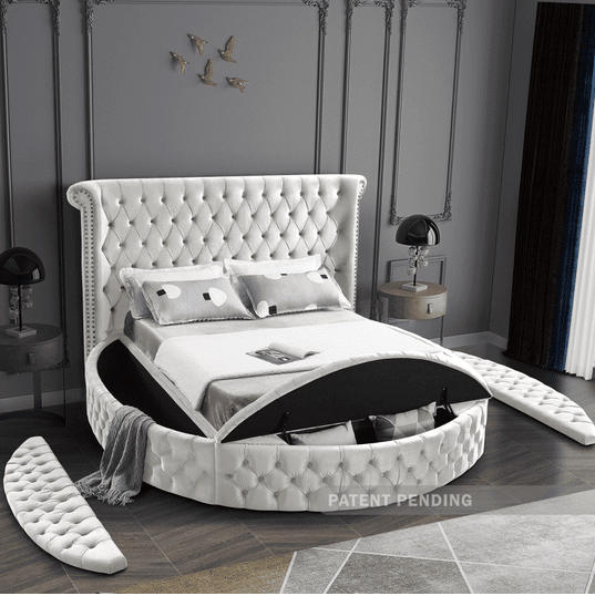 LUXUS VELVET KING/QUEEN/FULL/TWIN SIZE ROUND STORAGE BED - CREAM