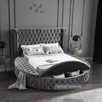 LUXUS VELVET KING/QUEEN/FULL/TWIN SIZE ROUND STORAGE BED - CREAM