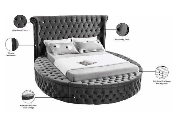 LUXUS VELVET KING/QUEEN/FULL/TWIN SIZE ROUND STORAGE BED - GREY