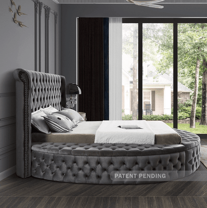 LUXUS VELVET KING/QUEEN/FULL/TWIN SIZE ROUND STORAGE BED - GREY