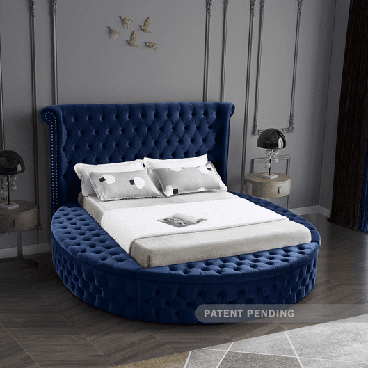 LUXUS VELVET KING/QUEEN/FULL/TWIN SIZE ROUND STORAGE BED - BLUE