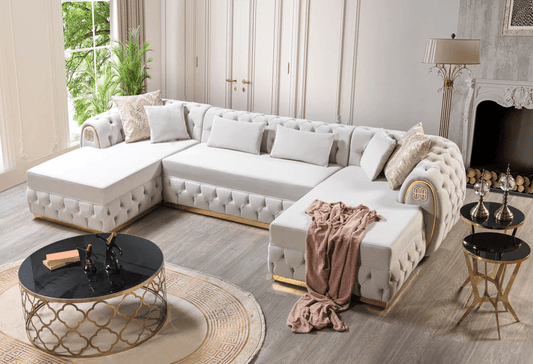 JESS - VELVET DOUBLE CHAISE SECTIONAL LIVING ROOM SET - IVORY