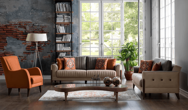 PIERO SOFA & LOVESEAT & CHAIR LIVING ROOM SET - HANDE BEIGE & ORANGE