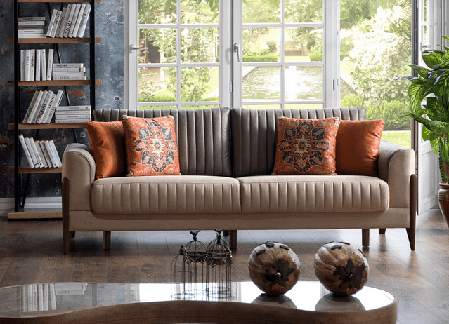 PIERO SOFA & LOVESEAT & CHAIR LIVING ROOM SET - HANDE BEIGE & ORANGE