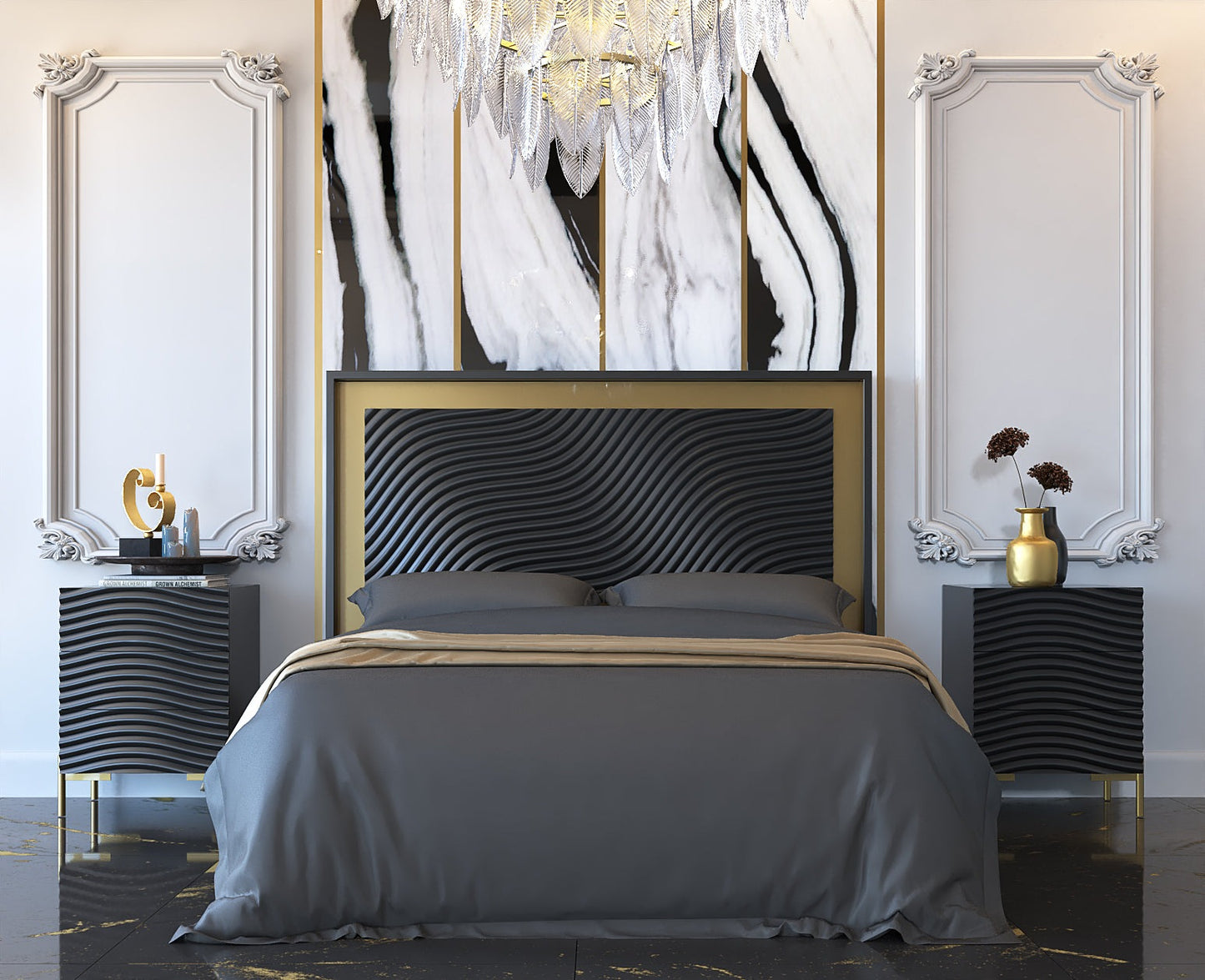 WAVE DARK GREY 4PCS KING/QUEEN MODERN BEDROOM SET