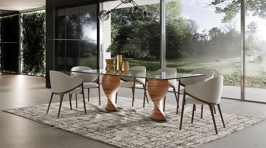 MODREST CLEVELAND - CONTEMPORARY GLASS AND WALNUT DINING TABLE SET