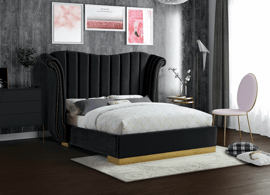 FLORA VELVET KING/QUEEN SIZE PLATFORM BED - BLACK