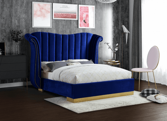 FLORA VELVET KING/QUEEN SIZE PLATFORM BED - BLUE