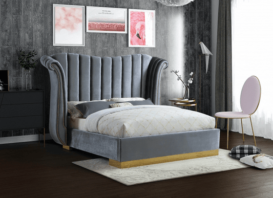 FLORA VELVET KING/QUEEN SIZE PLATFORM BED - GREY