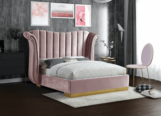 FLORA VELVET KING/QUEEN SIZE PLATFORM BED - PINK