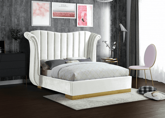 FLORA VELVET KING/QUEEN SIZE PLATFORM BED - WHITE