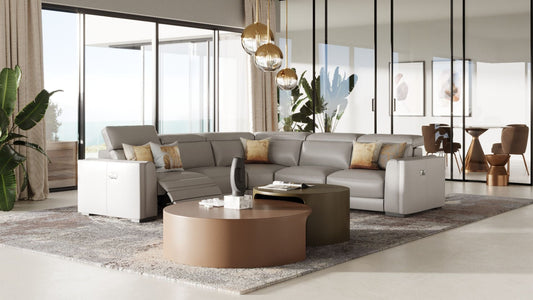 MODREST FRAZIER - MODERN LIGHT GREY LEATHER SECTIONAL WITH RECLINERS