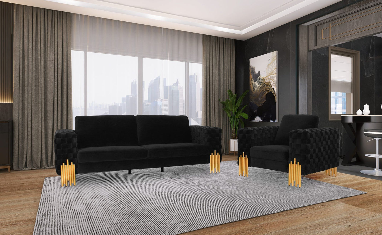 DIVANI CASA GEORGIA- MODERN VELVET GLAM BLACK + GOLD 3 PCS LIVING ROOM SET